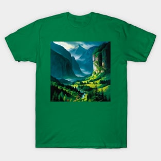 Misty Valley with Lush, Green Pine Forest T-Shirt